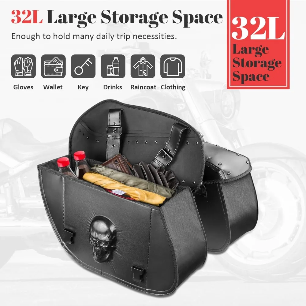 motorcycle saddlebags 32l large capacity pu leather side saddle bags waterproof hard saddle bags universal for harley honda yama