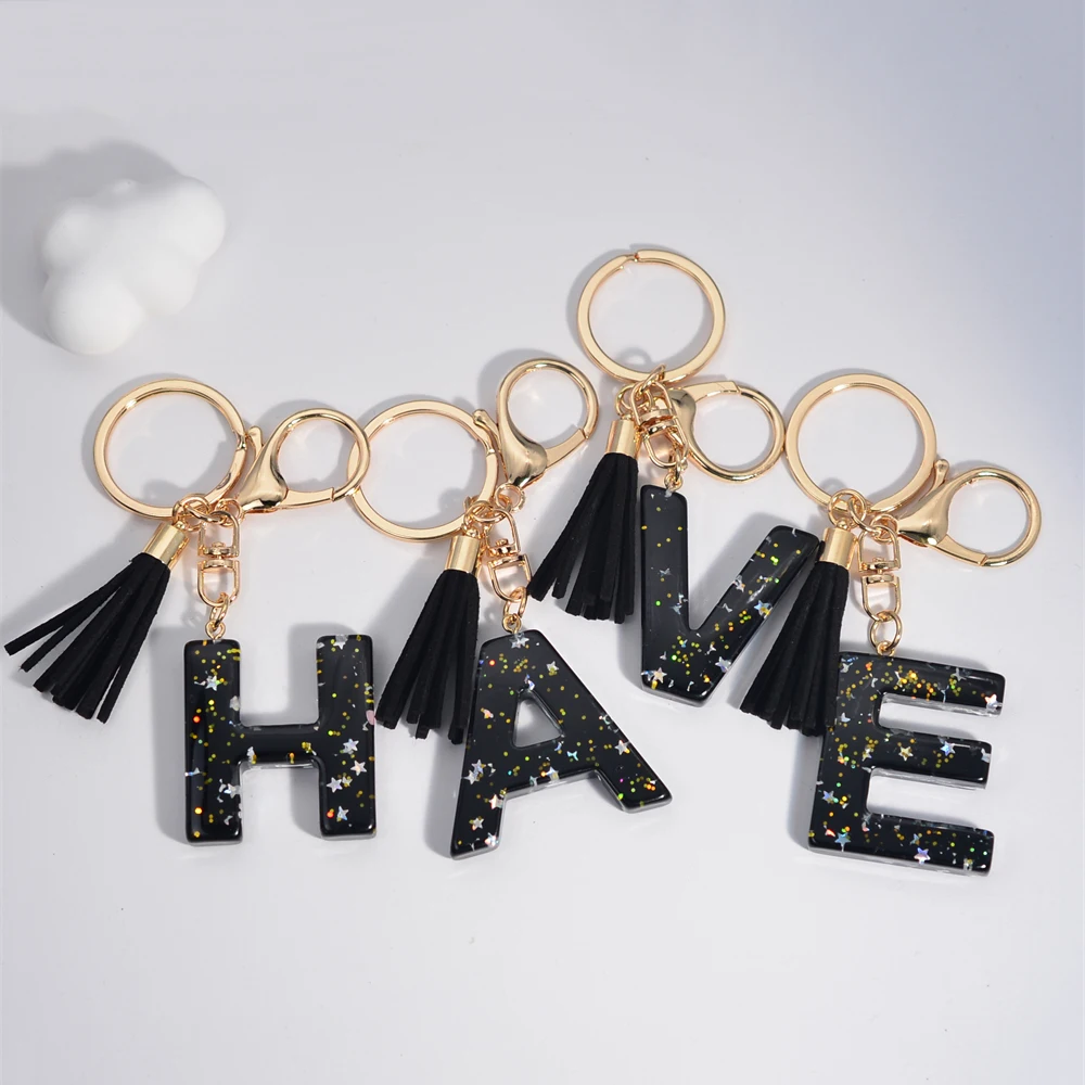 Black Initials A-Z Keychain Glitter Star Sequins Resin Letters Keyring With Tassel For Women Bag Ornaments Charm Car Key Holder