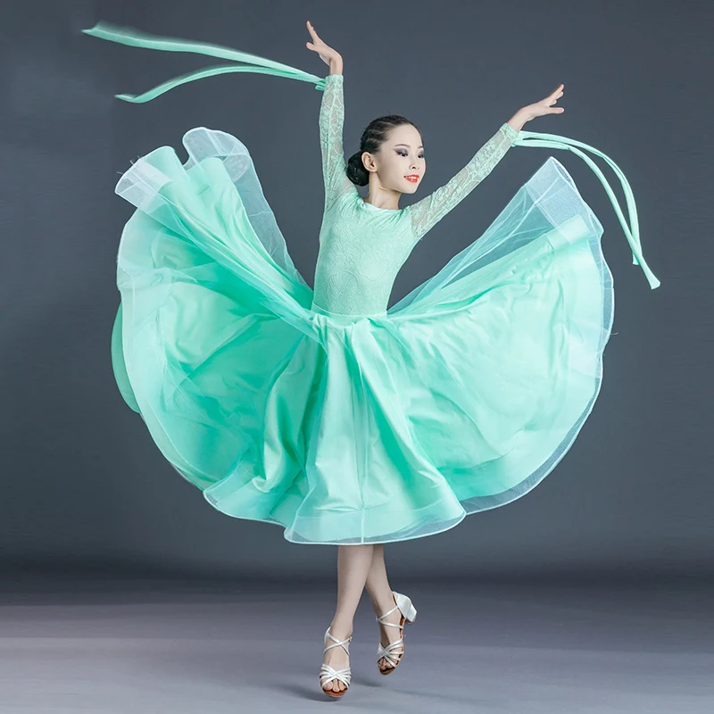 New Arrival Ballroom Dresses Girls Spring Waltz Dancing Competition Costume Lace Long Sleeve Stitching Performance Wear VDB5660