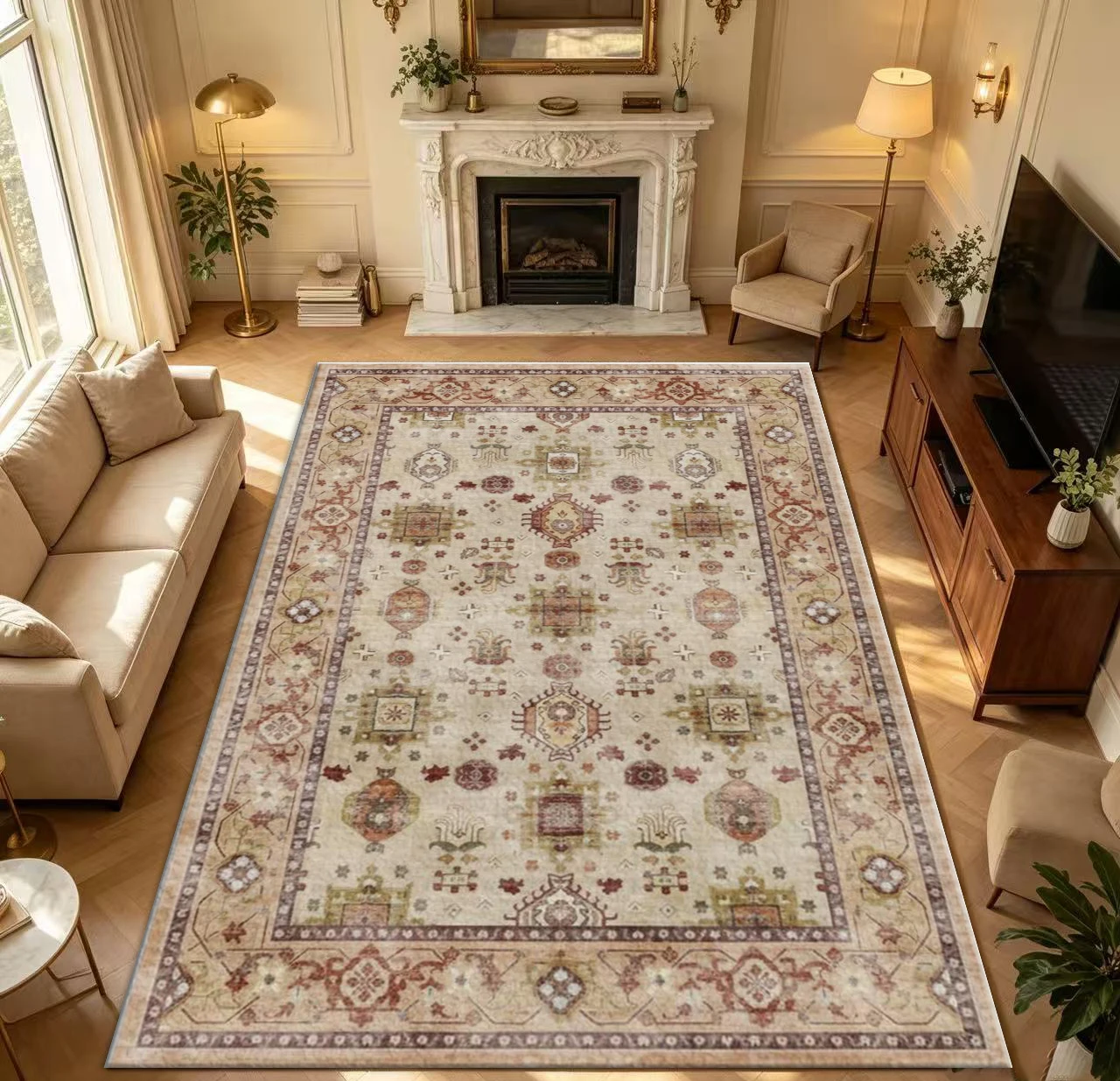Square Beige Vintage Oushak Geometric Area Rug Non-Slip Washable Square Carpet For Living Room Bedroom Home Decor