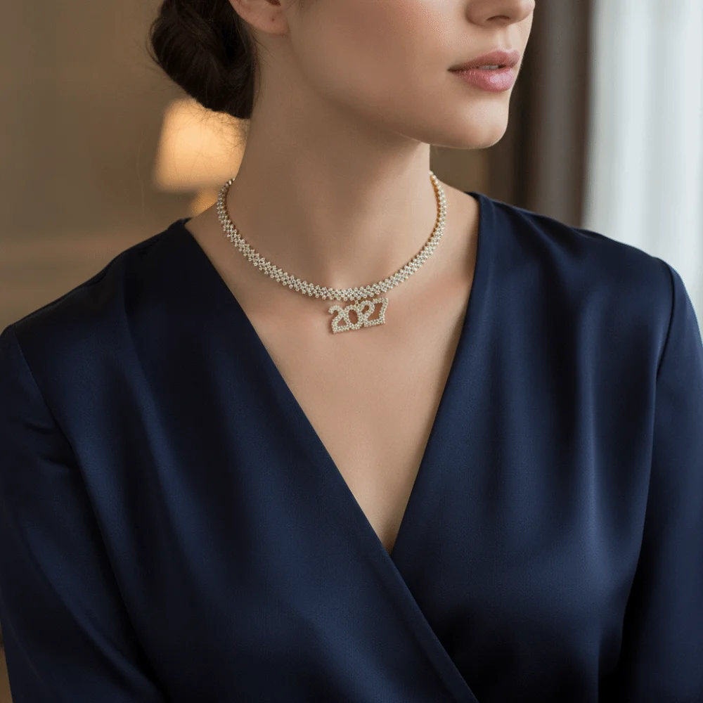 Elegant 2027 Digital Necklace Number Pendant Luxurious Happy New Year Necklace Shiny Rhinestone Collarbone Chain Choker