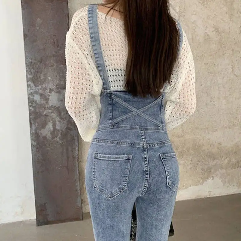 Cintura alta estiramento jeans magros macacão feminino primavera novo estilo coreano macacão reto