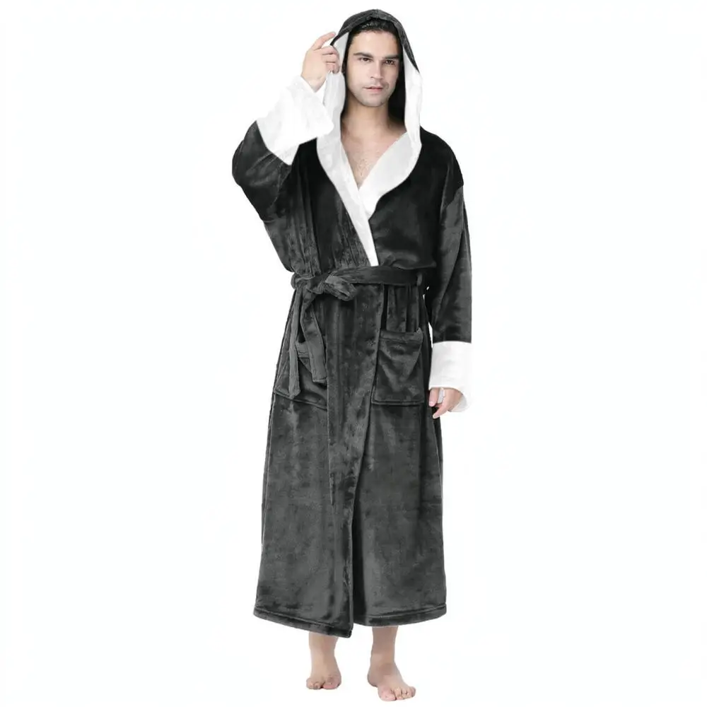 Mens Cotton Bathrobe Comfortable Loungewear Sleepwear Color Block Luxury Dressing Gown Kimono Style Breathable Home Bath Pajamas