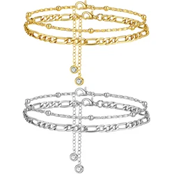 2Pcs Stainless Steel Anklet Set For Women Silver Color Ankle Bracelet Cuban Link Chain On Leg Foot Female Summer Beach Jewelry