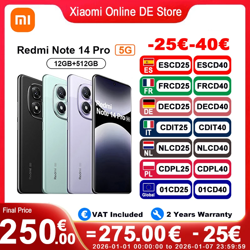Version mondiale Redmi Note 14 Pro 5G Smartphone MediaTek Dimensity 7300-Ultra 6.67 ''120Hz écran 200MP caméra IP68 étanche