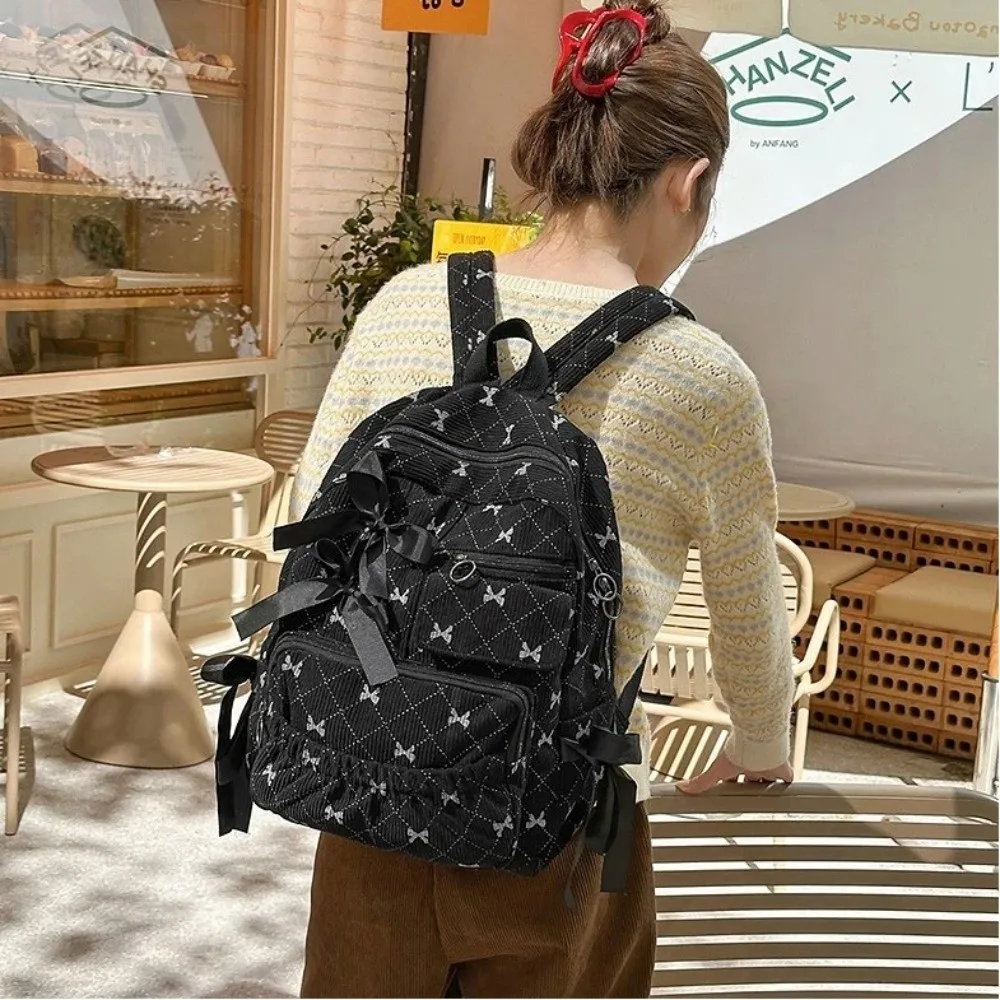 Fashion Corduroy Bow Schoolbag Large Capacity Ins Style Backpack Bag Bow Print Versatile Backpack Women