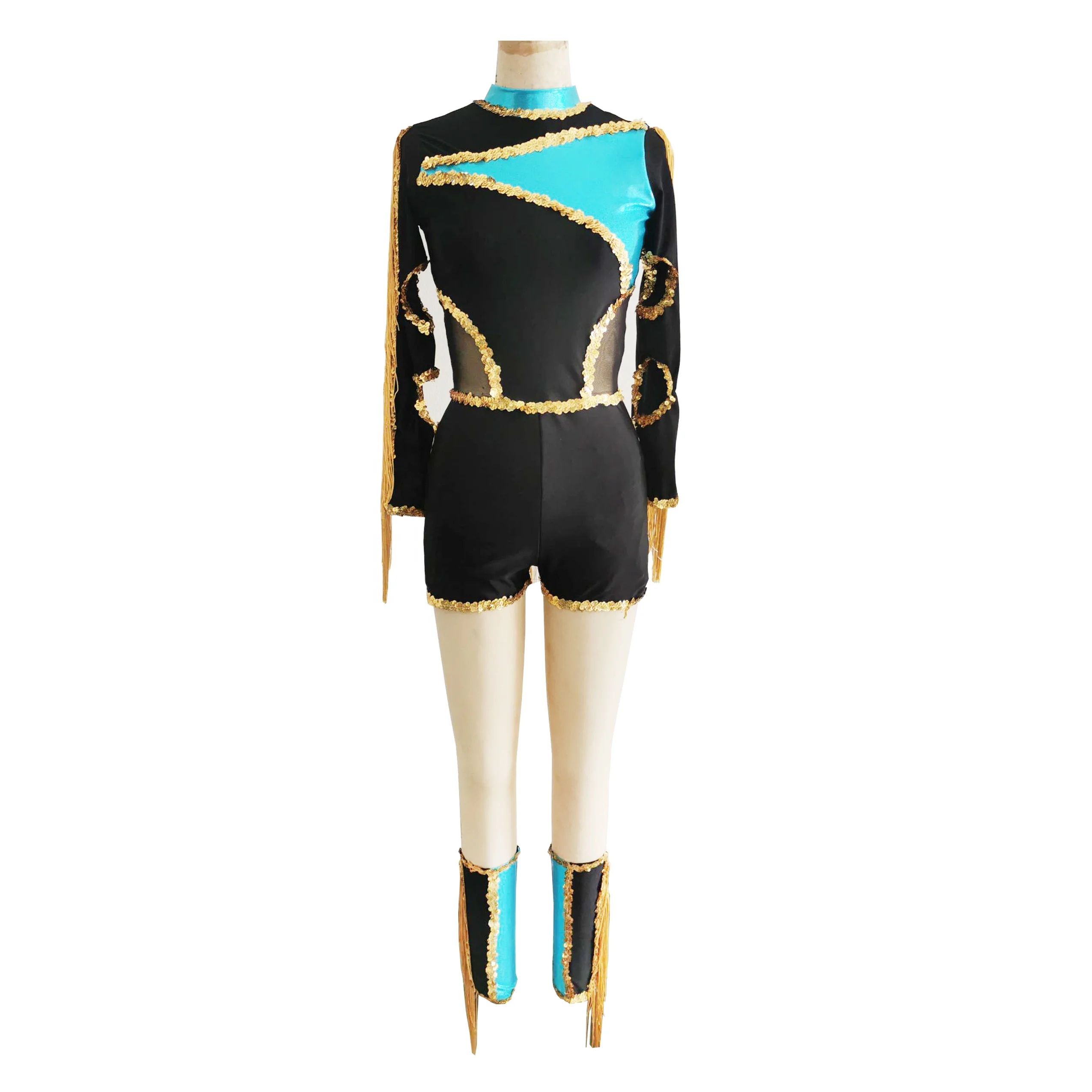 blue foil black spandex dance leotard jazz sequin trim dance costume long sleeve Gymnastics performance clothes