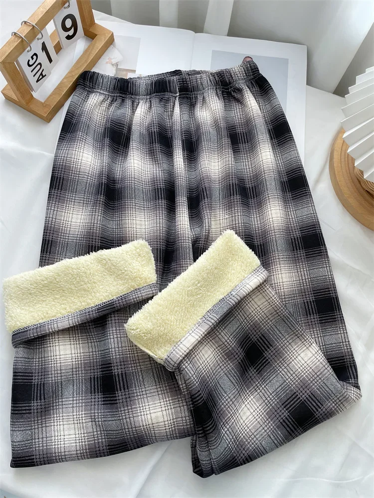 Hochgeschnittene Karierte Weite Hose für Damen Fleece-Gefüttert Verdickt Warm Locker Sitzend Winter Lounge-Hose Lässiger Komfort – Detail 5