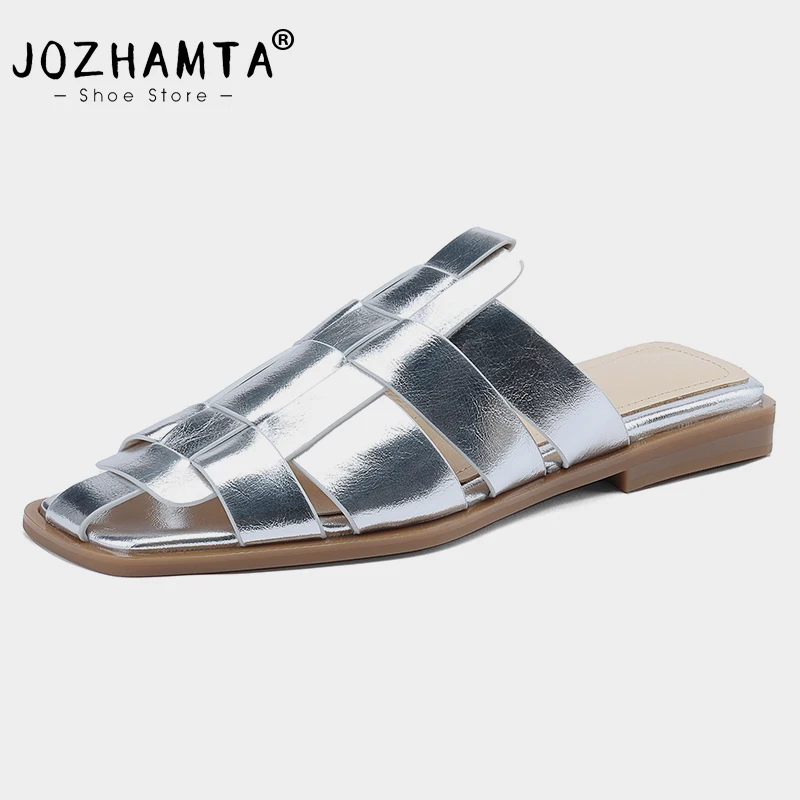 JOZHAMTA Size 34-39 Women Flats Slides Slippers Real Leather Woven Gladiator Low Heels Summer Shoes Home Outdoor Casual Sandals