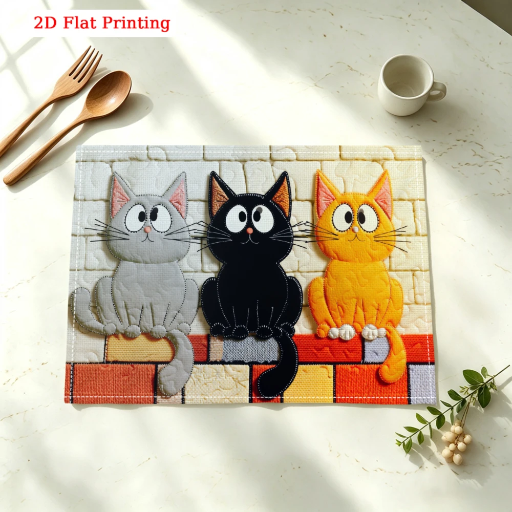 Three Cats Sitting On Bricks Kitchen Placemat Coaster Linen Pad Dish Coffee Cup Table Mat 30x40cm Home Decor