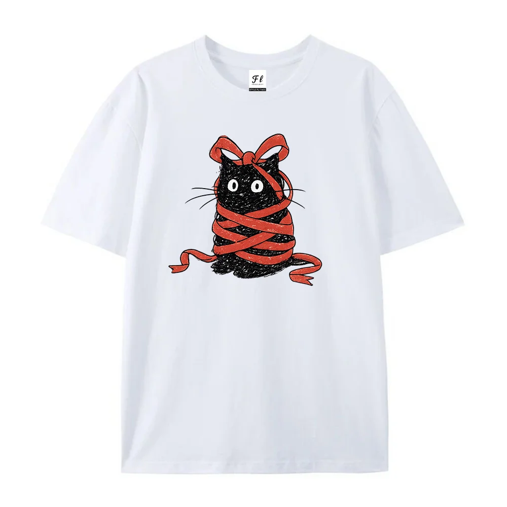 Cute Black Cat Wrapped Red Ribbon Bow Graphic T Shirt Unisex Crew Neck Short Sleeve Casual Cat Lover Gift Tee