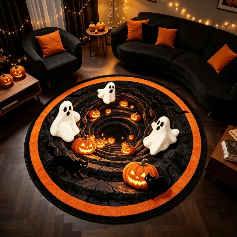 Halloween 3D Vortex Illusion Round Rug Black Cat Skeleton Pumpkin Bat Spider Web Print Spooky Home Party Floor Carpet