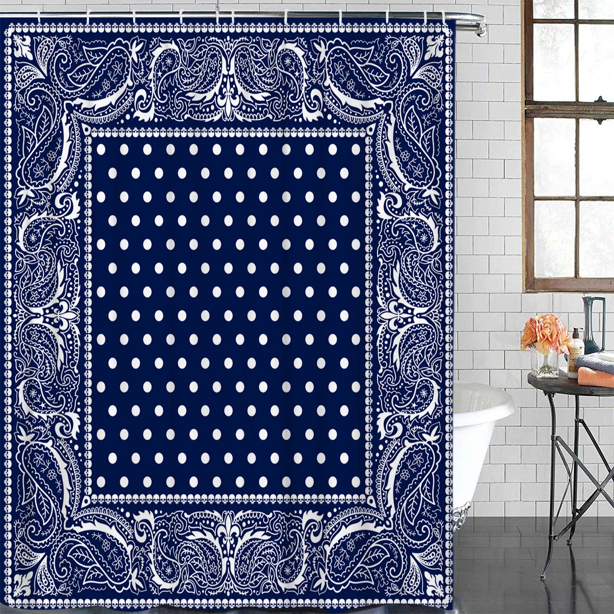 Blue Ethnic Bandanna Waterproof Bathroom Decoration Shower Curtain With Hook Printed Bathtub Curtains Bathroom Accessories