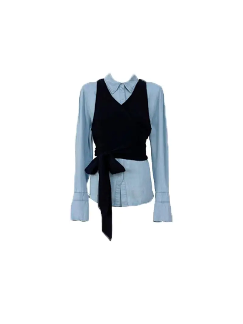 Fall Faion Korean Sle Women's Knitted Sweater Vest Long Sve Denim irt Two-Piece Set ort Pants Polyester Fiber