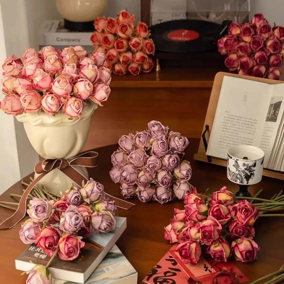 2/4pcs Vintage Roast Edge Rose Artificial Flower Wedding Bouquet Home Hotel Desktop Decoration Photography Prop Silk Flower Gift
