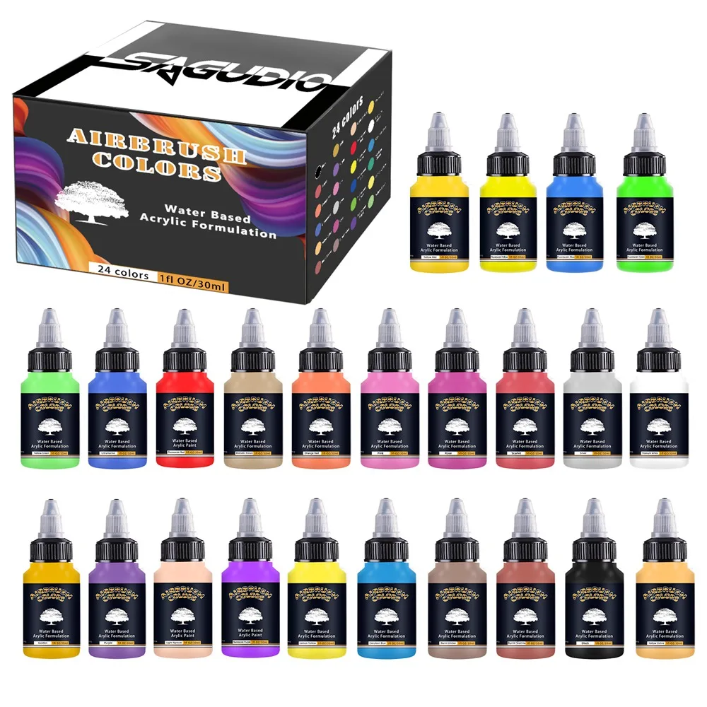SAGUD Conjunto de tinta acrílica aerógrafo pronto para pulverizar, cores fluorescentes à base de água, kit para amadores e artistas, 24 cores, 30ml
