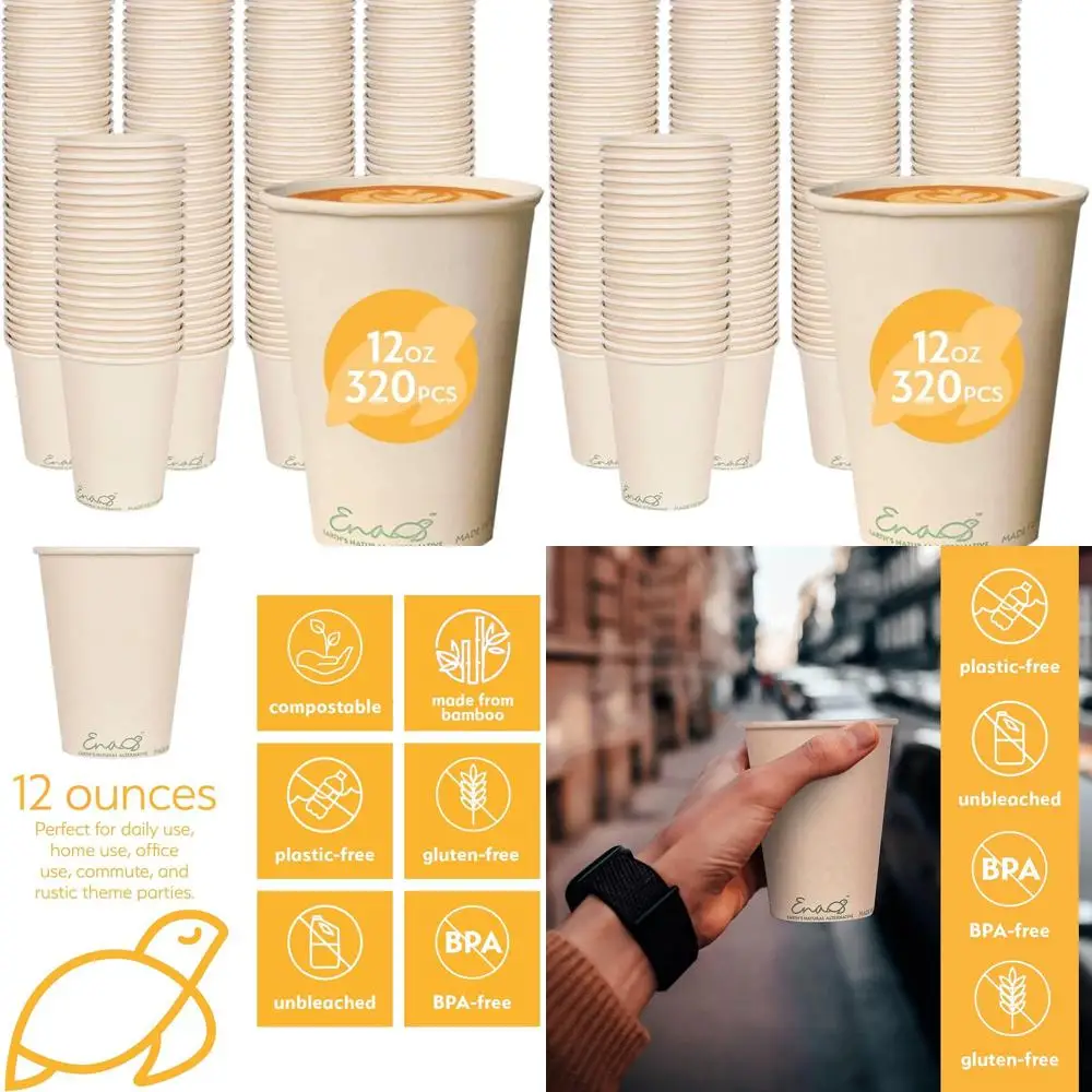 

Eco-Friendly Bamboo Paper Cups - 12oz, 320 Pack, Biodegradable, Unbleached for Parties