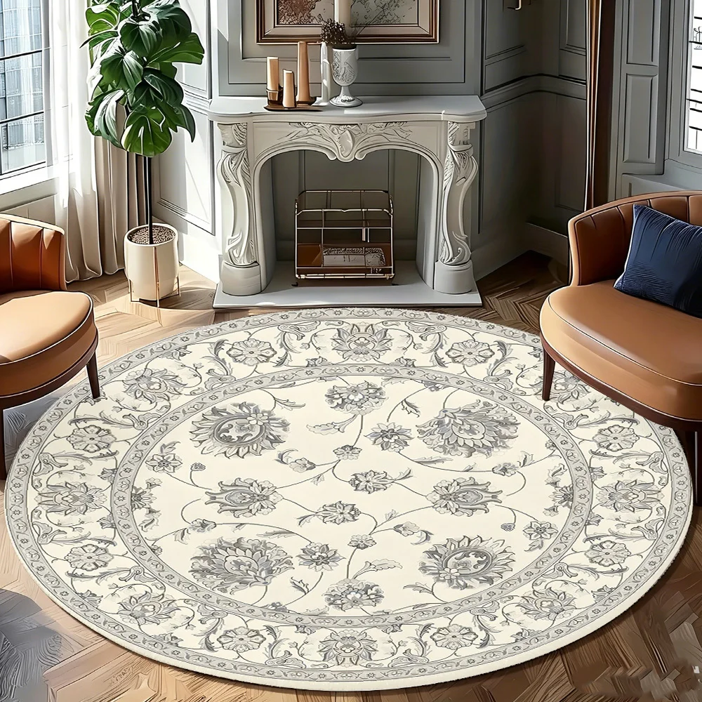 Cream Base Grey Vintage Floral Round Area Rug Traditional Ornate Flower Scroll Circular Carpet Soft Indoor Floor Mat  Elegant