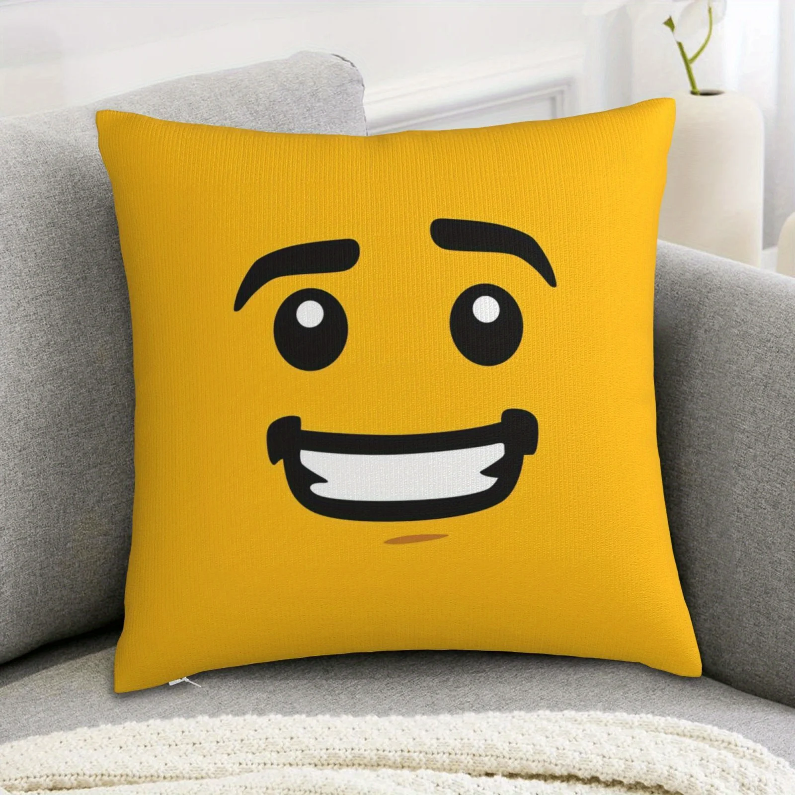 Bohemian Style Yellow Happy Face Pillowcase Single-sided Print Zippered Polyester Cushion Cover Machine Washable Home Room Decor