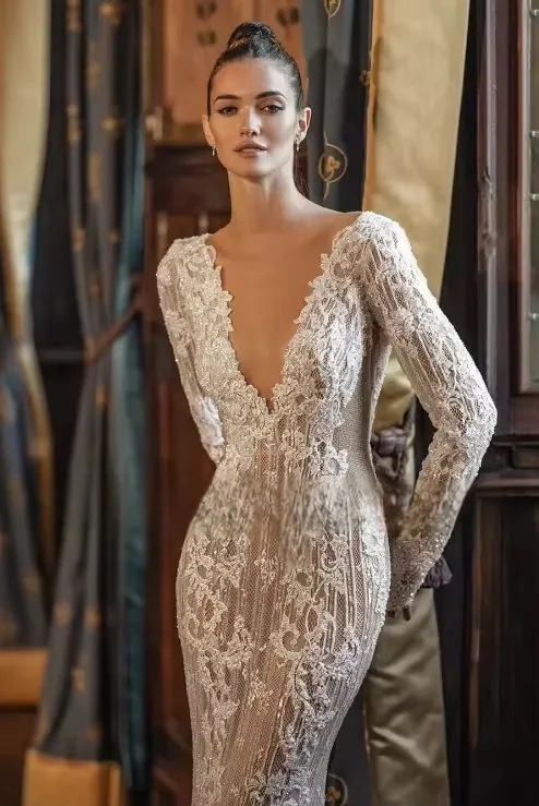 

Customized Mermaid Wedding Dress Gorgeous Appliques Beaded Sequins O Neck Long Sleeve Bride vestidos de novia