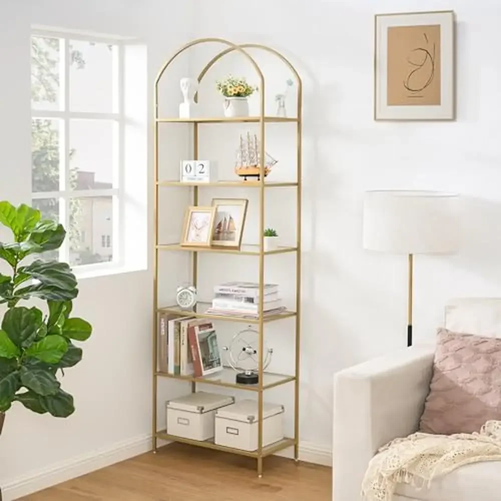 

6-Tier Gold Finish Bookshelf Tempered Glass Shelves Storage Rack Steel Frame Office Living Room Bedroom Display Shelfункциями и