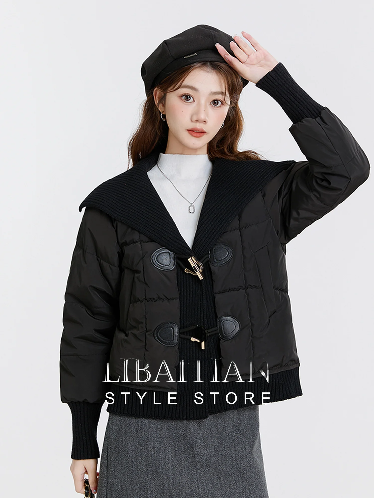 

Naval Collar Knitted Patchwork Cotton Jaet Women's ort Sle Autumn Winter Thiened Korean Version f High Collar Coat