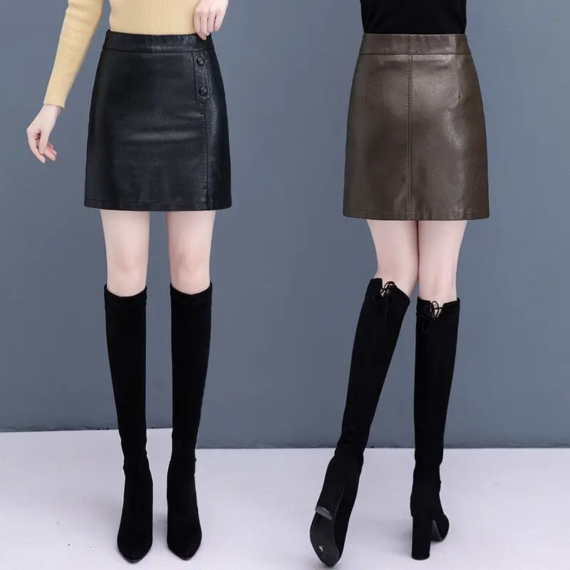 

Real PU Leather A-line Short Skirt Slim Women Vintage Solid Color Streetwear Female Sexy High Waist Mini Skirts T775
