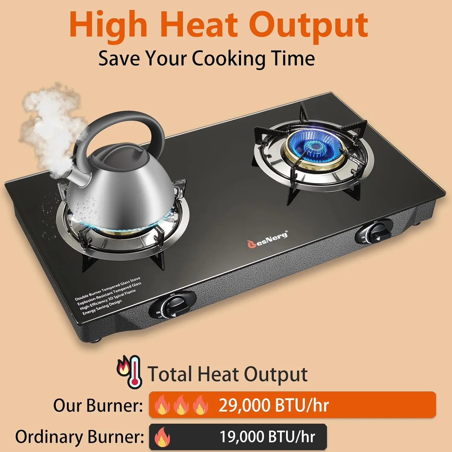 2 Burner Propane Stove, 28800 BTU Auto Ignition with Tempered Glass for Camping RV Emergency Cooking