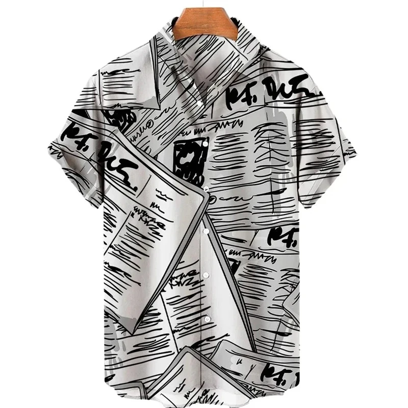 Hawaiian Newspaper 3D Print Men Shirt Daily Casual Fashion Short Sleeves Shirts Button Tops Oversized Unisex Clothing Lapel 2024