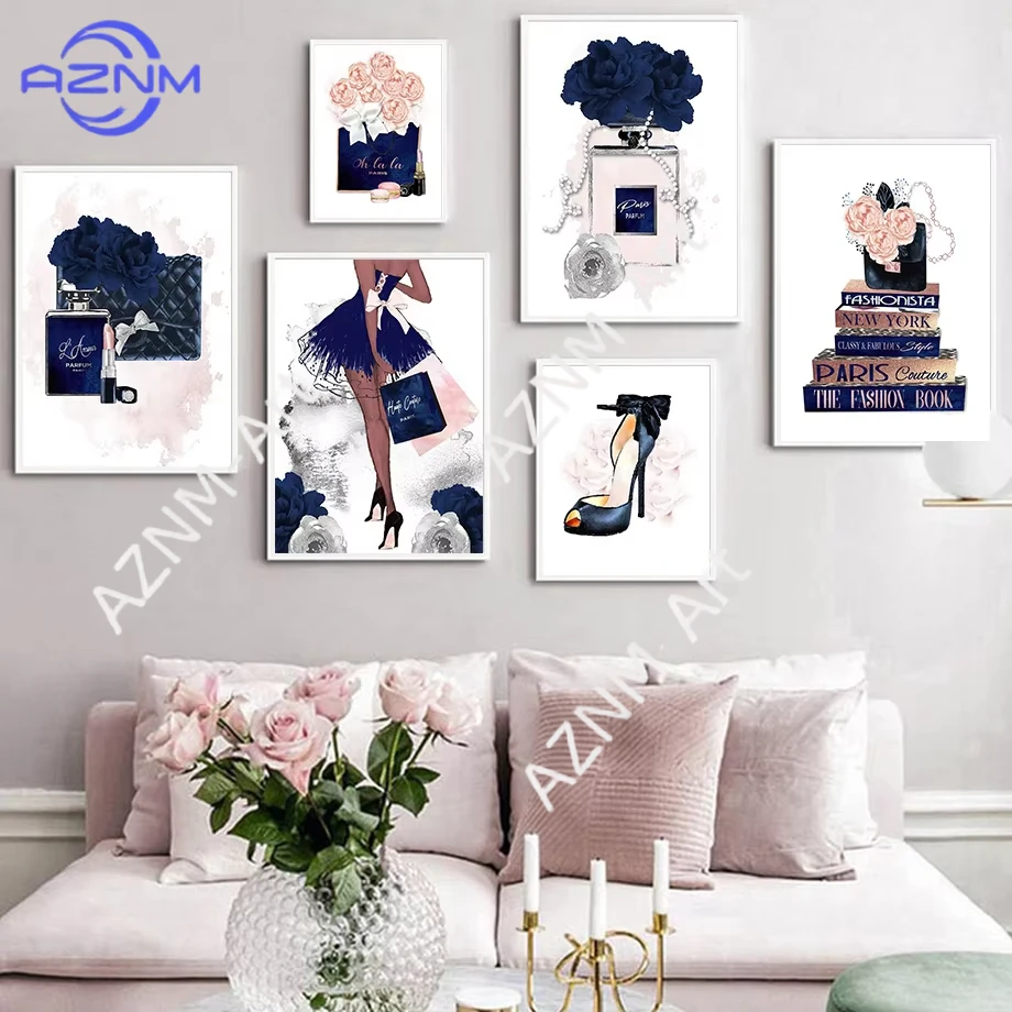 1Pc/6Pcs Paris Fashion Wall Art Mural Woman Bag Print Cosmetics Perfume Book Poster Canvas Painting Wall Living Room Home Decor