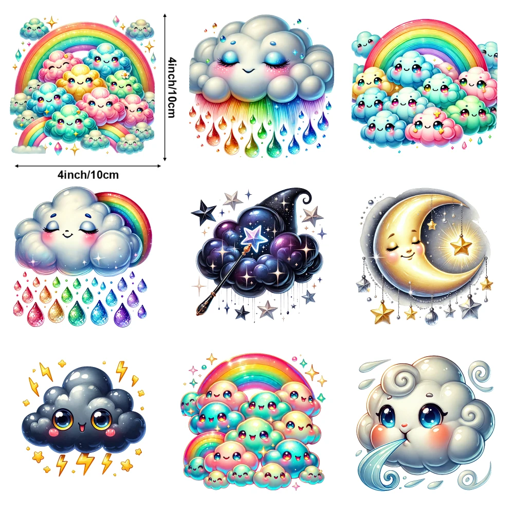 9 Pcs Rainbow Clouds Iron on Transfers casual style. for Clothing T-Shirt Jeans Applications Washable heat transfer stickers