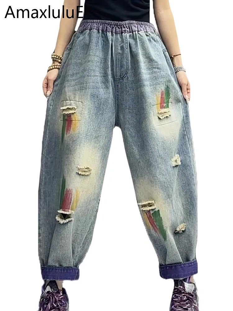 

Amax luluE Holes Loose Women Spring Denim Pants Fashion Vintage Casual Jeans Gothic Classic Cartoon Ladies Luxury Harem Trousers