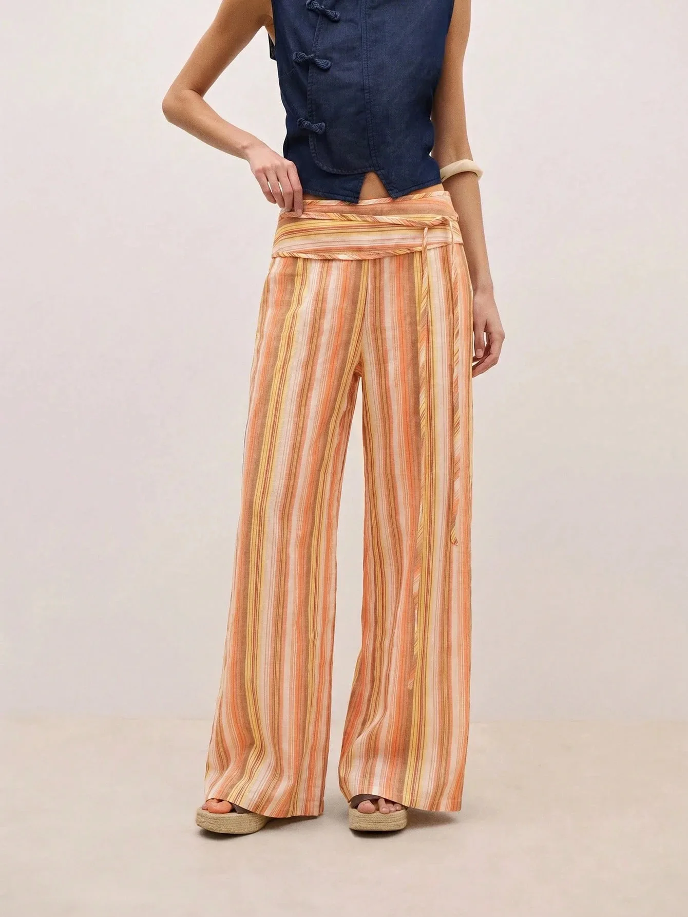 Women Bohemian Striped Wide Leg Pants Fold Over High Waist Loose Flowy Trousers Vintage Stripe Casual Beach Vacation Bottoms