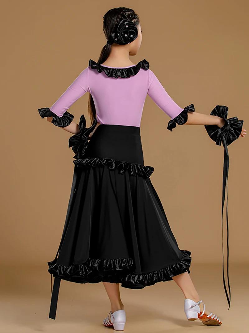 Kinder Mädchen Walzer Tango Gesellschaftstanz Professionelle Kleider Lila Schwarz Body und Rüschen Große Röcke Modernes Tanzkostüm