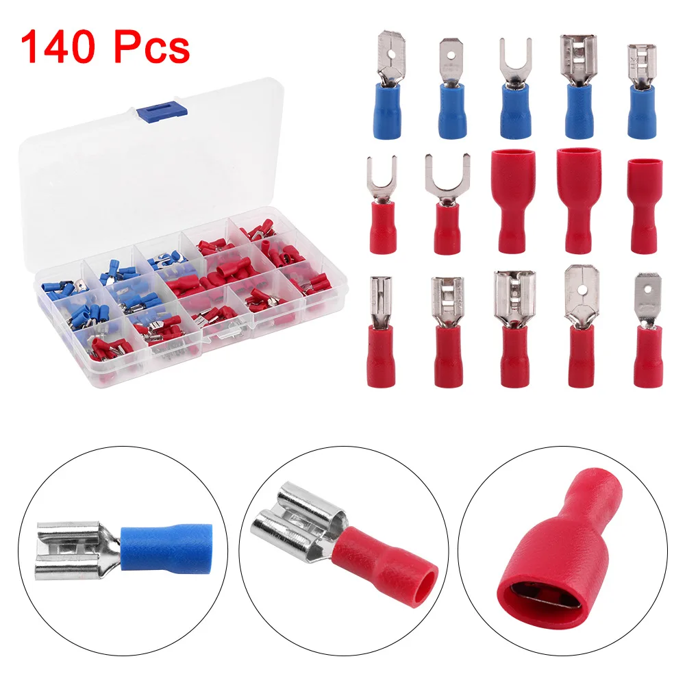 140PCS Insulated Crimp Terminal Kit, Electrical Wire Connectors with Red & Blue Rubber Insulating Sleeves