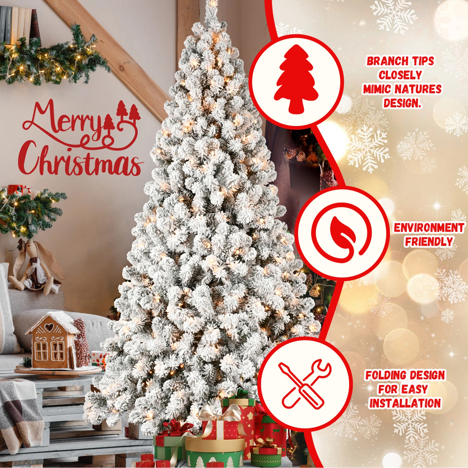 Artificial Christmas Decoration Tree PVC Flocked w/ LED UL String Light Xmas Tree Easy Assemble Foldable Holiday Xmas Ornaments