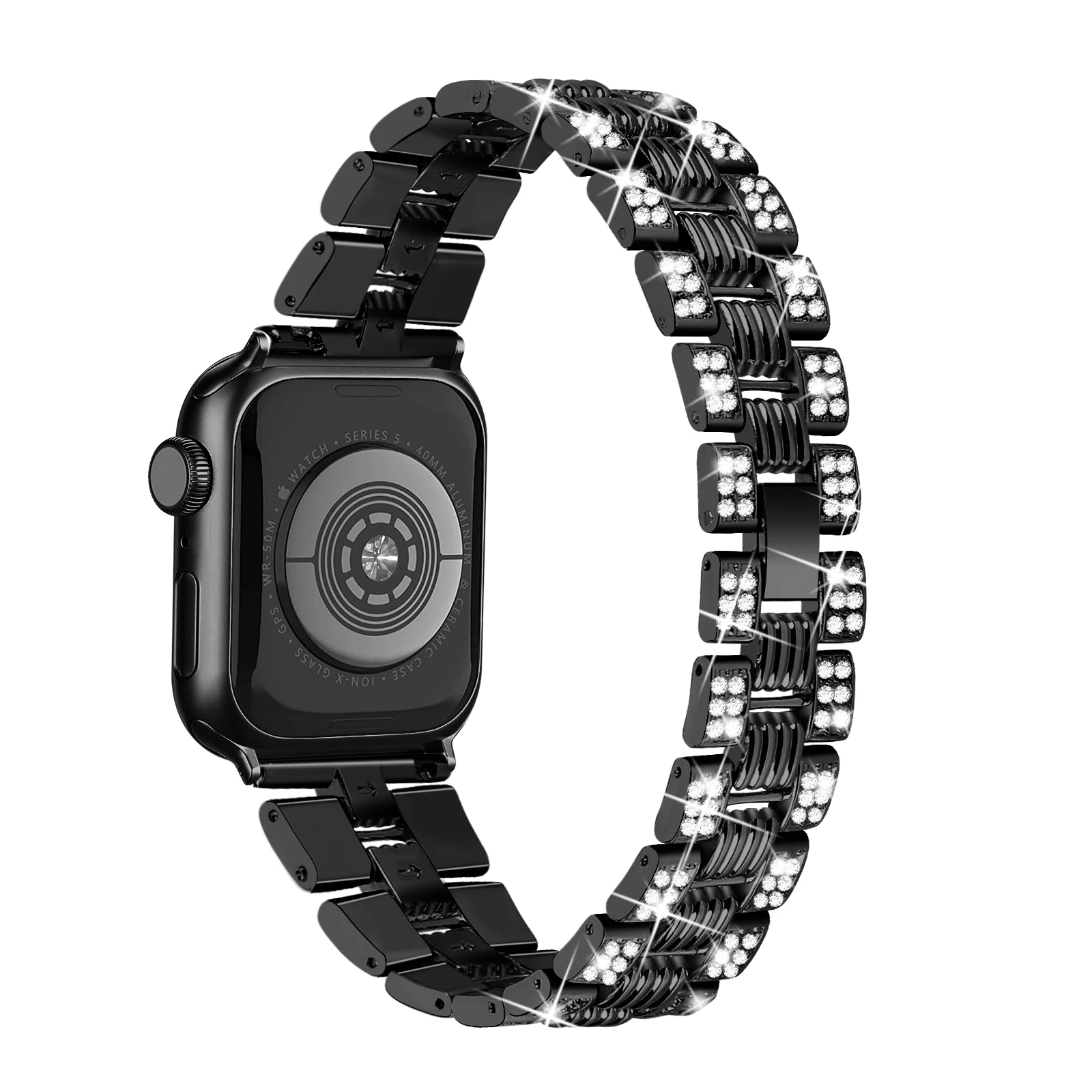 

For Apple Watch Series 3 / 2 / 1 38mm Thread Design Stainless Steel Watch Strap + Double Row Rhinestone PC Protective Case - Bla