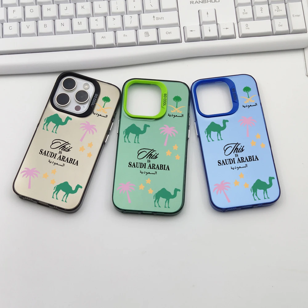 INS Luxury Saudi Arabia Camel Phone Case For Iphone11 13Pro 12 14Plus 15 Pro Max 16Pro Coconut Tree Lychee PC+TPU Back Cover