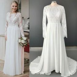 Simple Chiffon Modest Lace Wedding Dress Long Sleeves Customized Bohemian Shooting A Line Rustic Beach Boat Neck Bridal Gowns