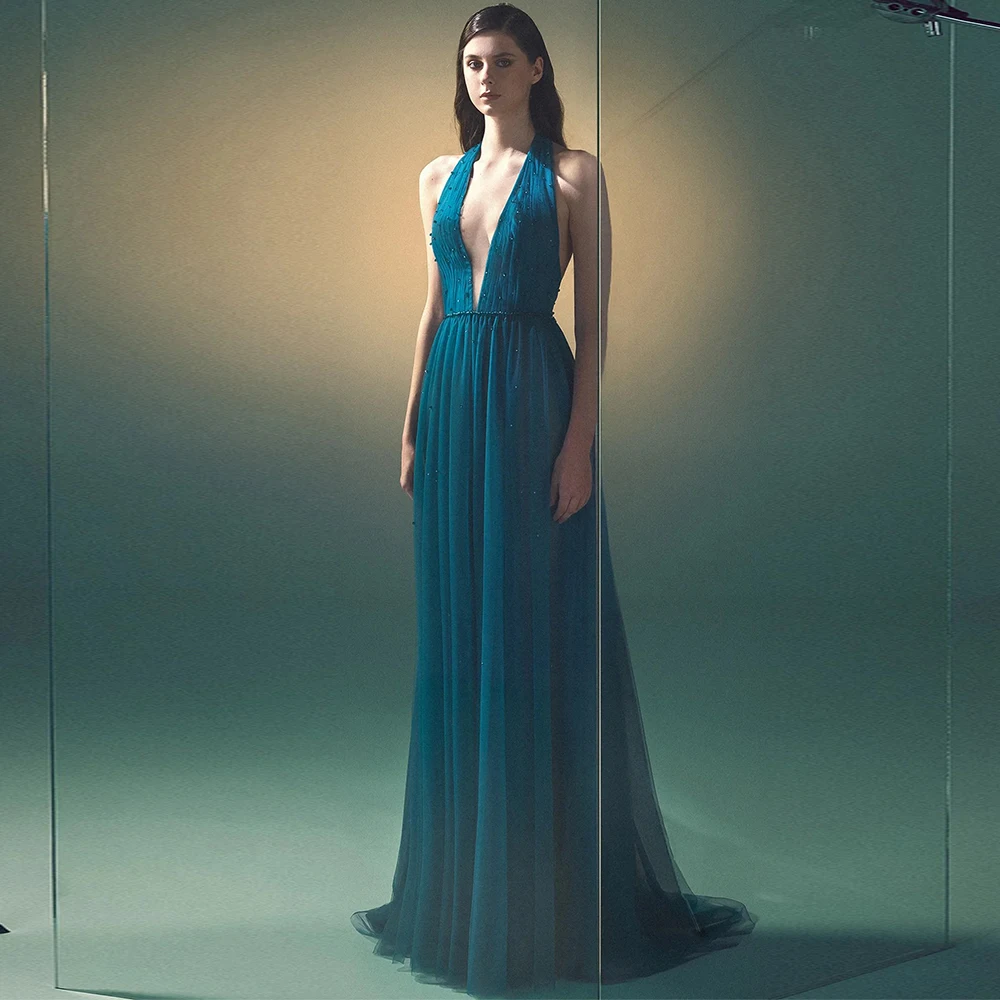 

Sexy Deep V-Neck Tulle Evening Dresses for Special Occasion Customized Sleeveless Pleats Crystal Backless Prom Party Gowns