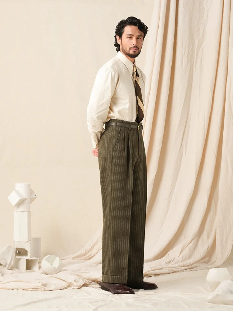 Cultum 930s ريترو Thiened الصوفية عادية Busin الرجال السراويل مزدوجة الطية مستقيم الساق السراويل الطويلة للشباب الشتاء