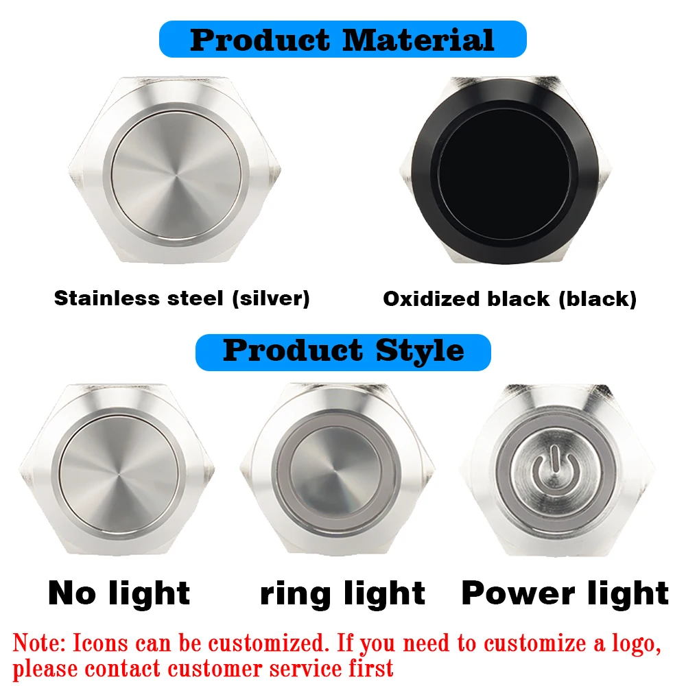 12/16/19/22/25/30mm Short Stroke Mini Waterproof Metal Push Button Switch Power Led Light Momentary 5/12/24V Black 1NO Red Green