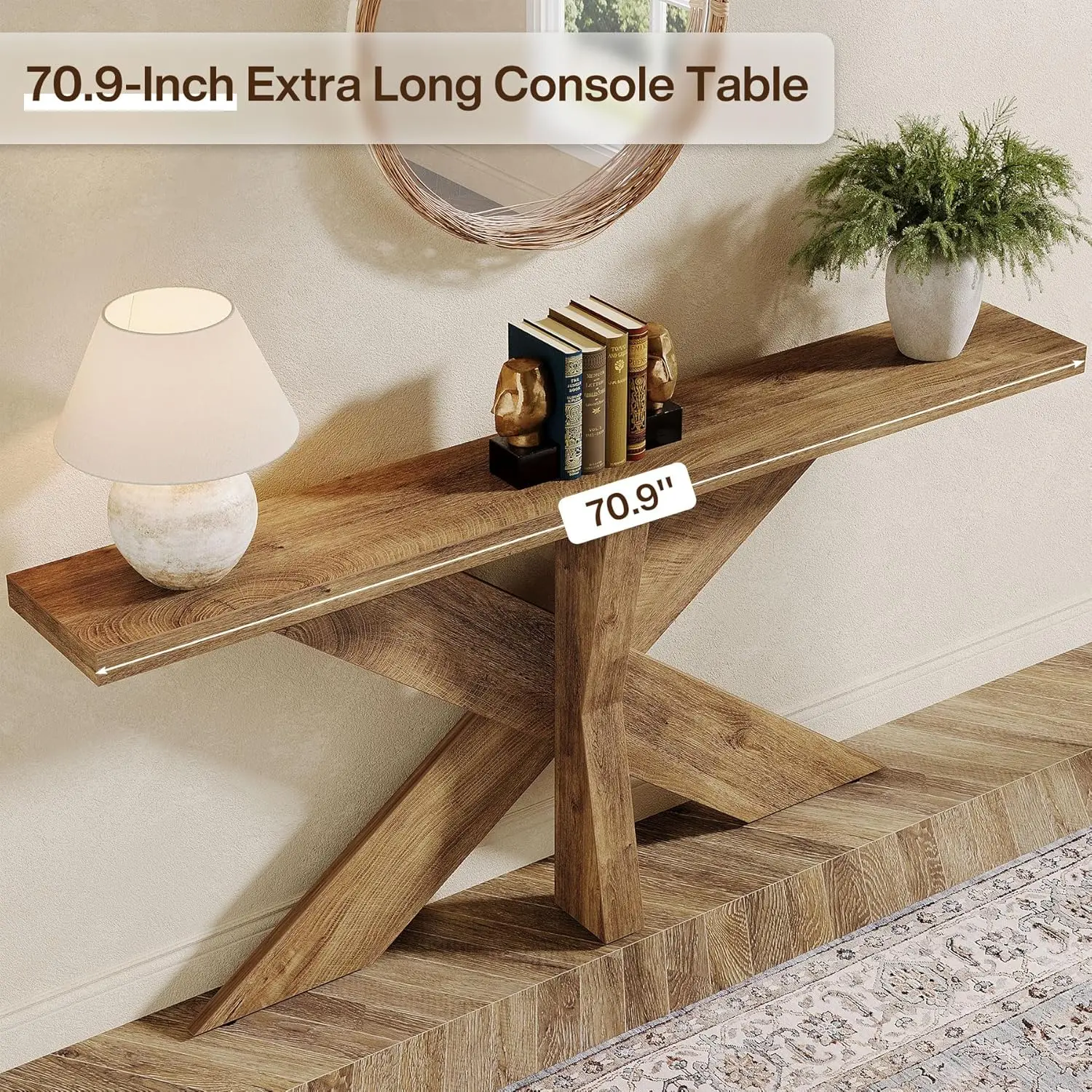 Mesa de Sofá Longa de 70,9 Polegadas Atrás do Sofá, Mesa Console Estilo Fazenda com Base Geométrica de Madeira para Entrada, Sala de Estar