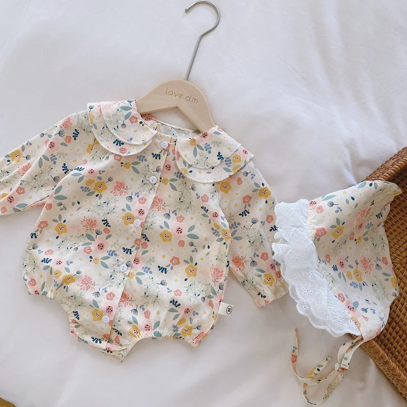 Cute Newborn Baby Girl Floral Romper Long Sleeve Layered Collar Princess Body Suit With Hat 2PCS Outfit Autumn Clothes For 0-24M