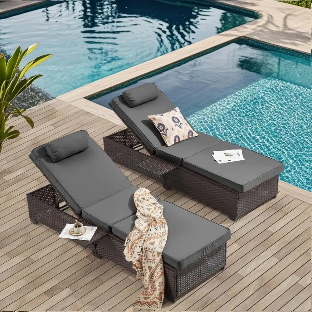 Outdoor Lounge Chairs, Pool Lounge Chairs Set o 2, with Adjustable Backrest & Cup Holder,Grey Cushion
