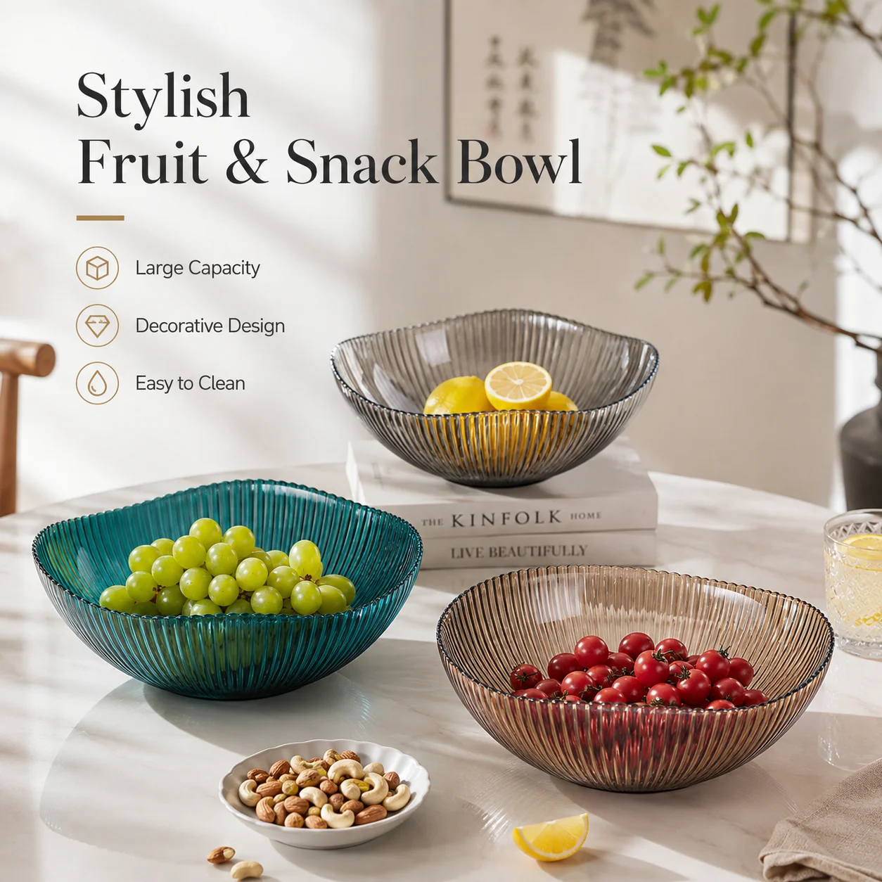 Modern Chinese Style Snack Bowl, 3-Color Fruit Basket for Kitchen, Fashionable Candy and Snack Plate