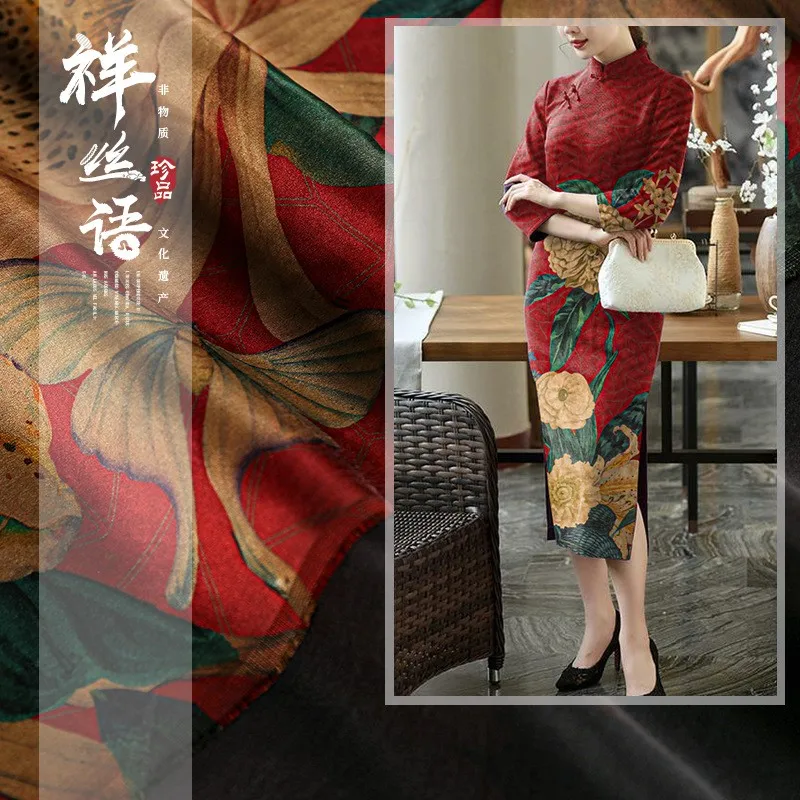 Silk fashion wide-width lake red hydrangea dress fabric improved cheongsam