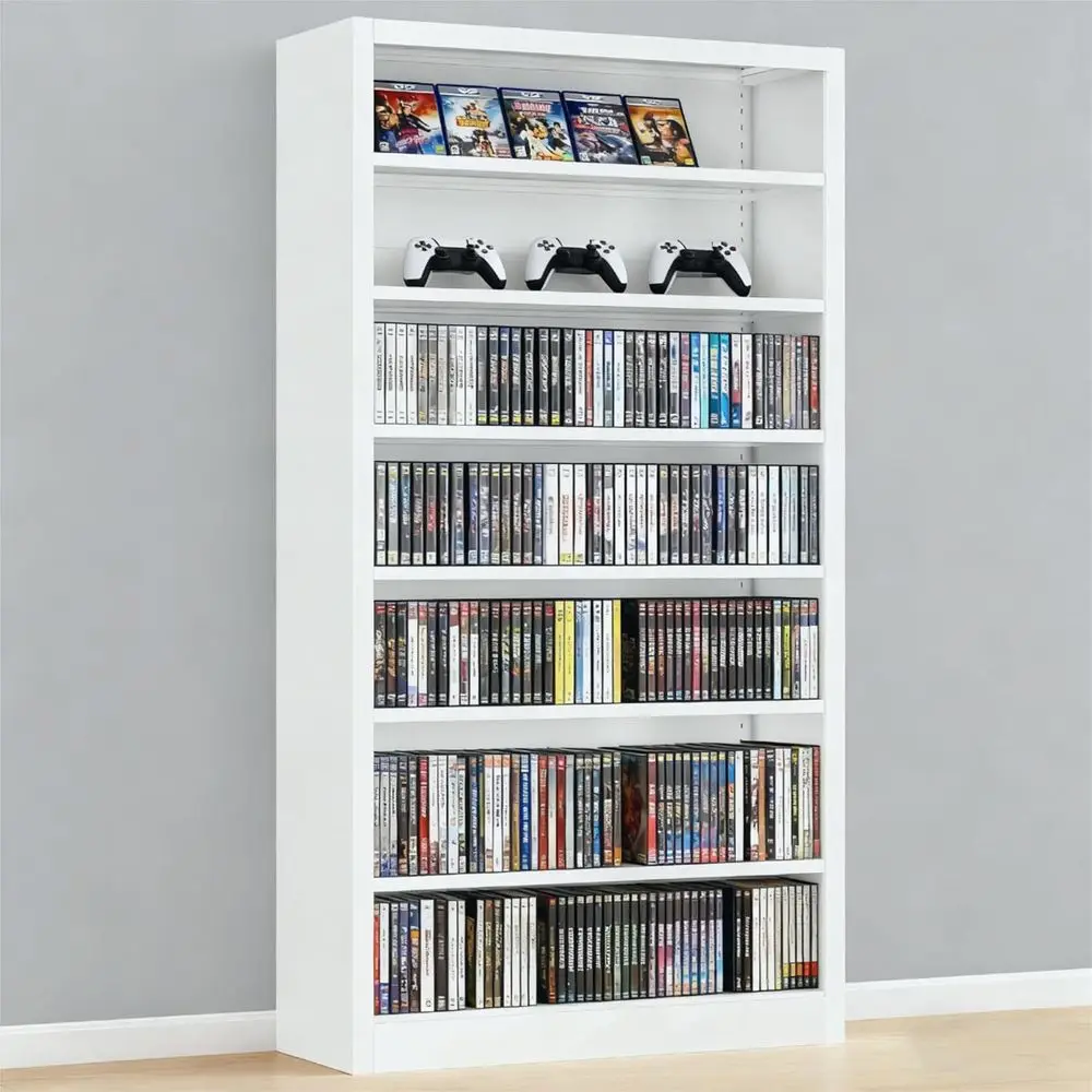 

7-Tier Metal DVD Storage Cabinet with Adjustable Shelves, White, for Home Theater and Living Room