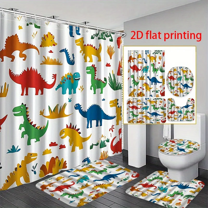 

4pcs 2D flat printing Hower Curtain Shower Curtain Set Colorful Dinosaurs and Plants Pattern, durable, Anti/slip, Light Beige