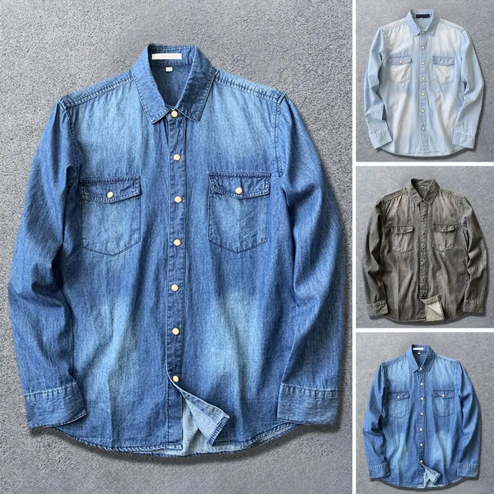 Men\'s Long-sleeved Solid Denim Shirt Fashion Classic Retro Denim Pocket Decoration Business Shirt Spring And Autumn Tops